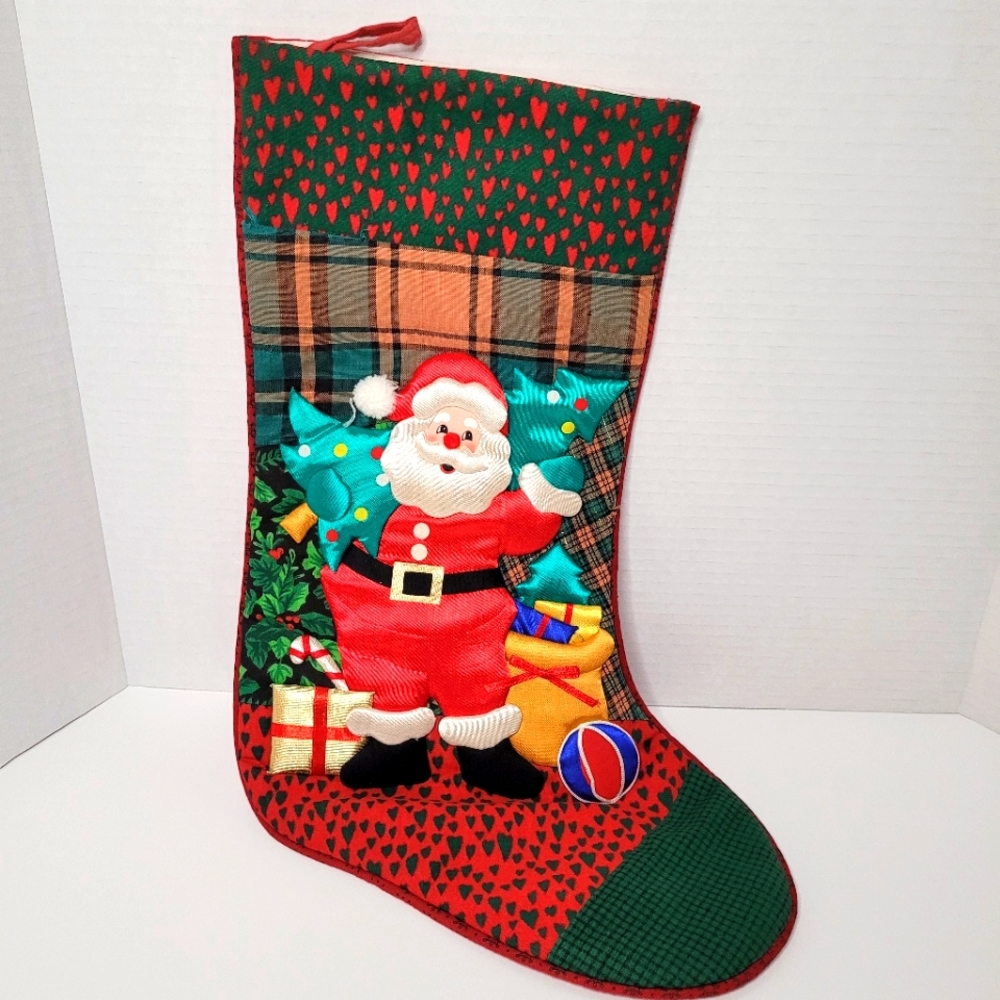 Satin Santa Presents Pop on this 3D Jolly Christmas Stocking 17in Long